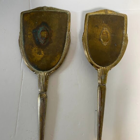 Antique Art Deco Brass Hand Mirror and Hair Brush Vanity Set main image 9
